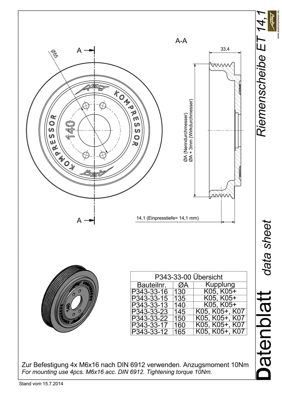 Riemenscheibe ET 14,1 mm